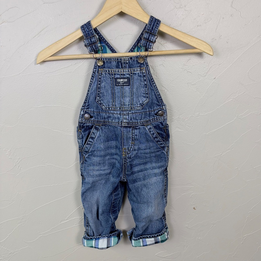OshKosh B'gosh Denim Overalls Baby 18M Plaid Lined Blue Carpenter Workwear